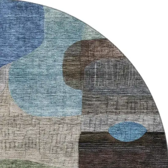 8' Brown Blue And Green Abstract Geometric Washable Round Rug With UV Protection Photo 3