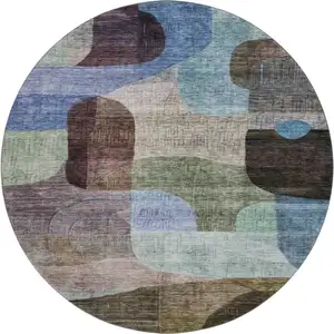 Photo of 8' Brown Blue And Green Abstract Geometric Washable Round Rug With UV Protection