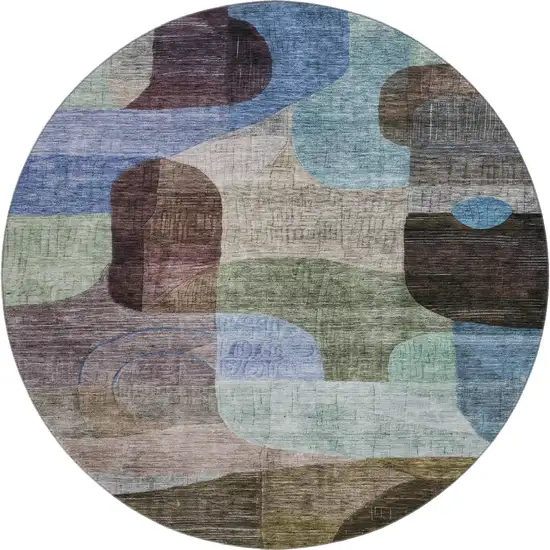 8' Brown Blue And Green Abstract Geometric Washable Round Rug With UV Protection Photo 1