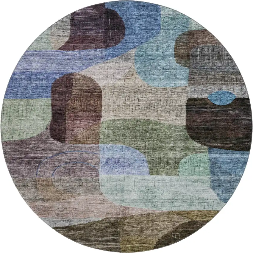 8' Brown Blue And Green Abstract Geometric Washable Round Rug With UV Protection Photo 1