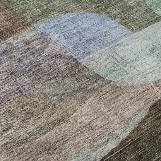 8' Brown Blue And Green Abstract Geometric Washable Round Rug With UV Protection Photo 8
