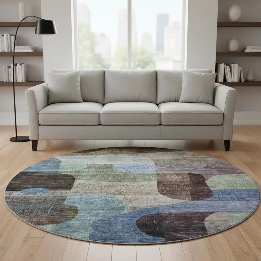 8' Brown Blue And Green Abstract Geometric Washable Round Rug With UV Protection Photo 2