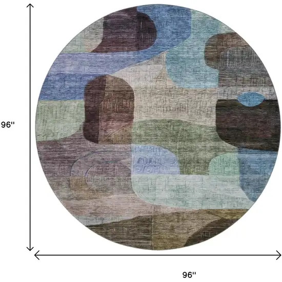 8' Brown Blue And Green Abstract Geometric Washable Round Rug With UV Protection Photo 9