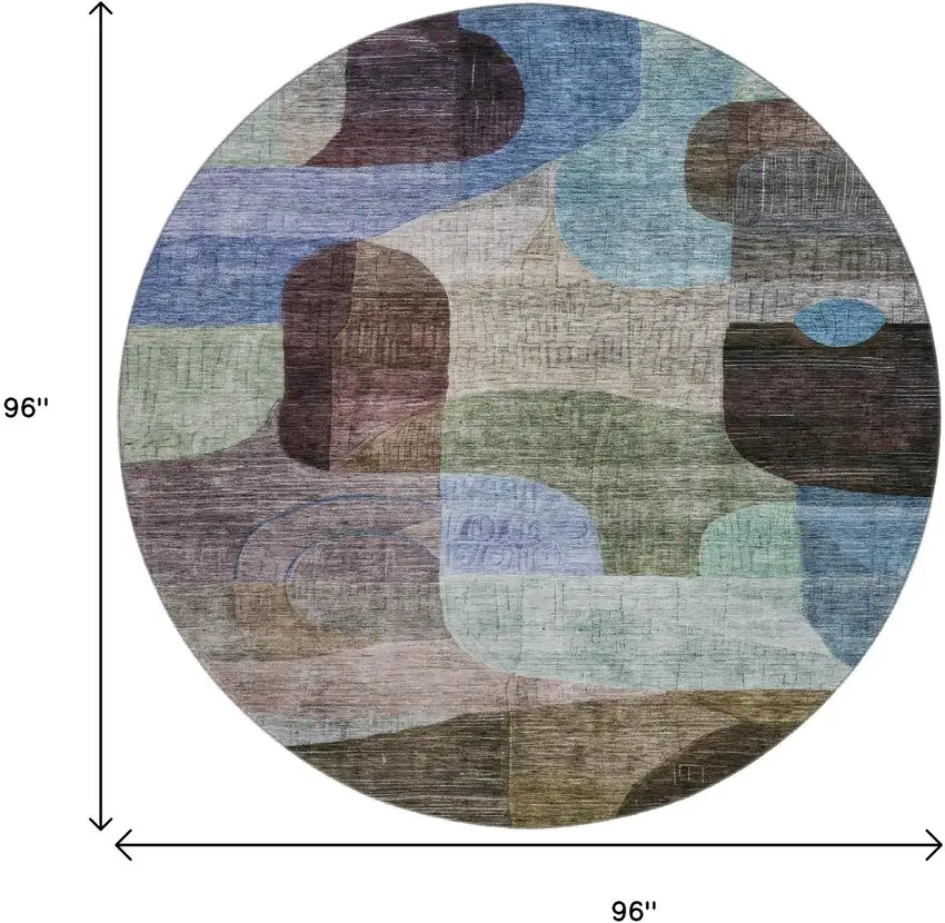 8' Brown Blue And Green Abstract Geometric Washable Round Rug With UV Protection Photo 9