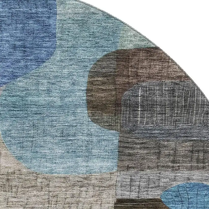 8' Brown Blue And Green Abstract Geometric Washable Round Rug With UV Protection Photo 2