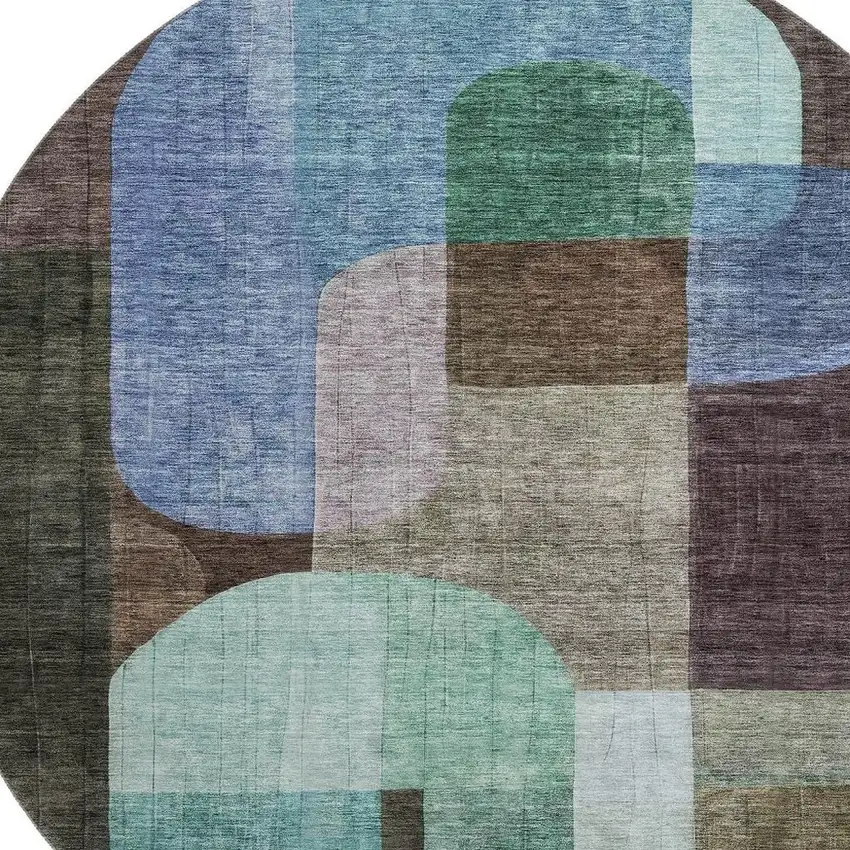 8' Brown Blue And Green Abstract Geometric Washable Round Rug With UV Protection Photo 2