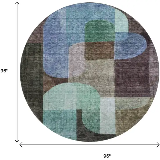 8' Brown Blue And Green Abstract Geometric Washable Round Rug With UV Protection Photo 9