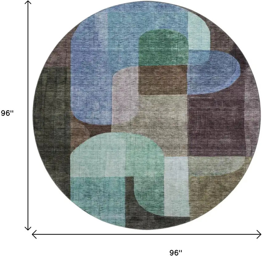 8' Brown Blue And Green Abstract Geometric Washable Round Rug With UV Protection Photo 9