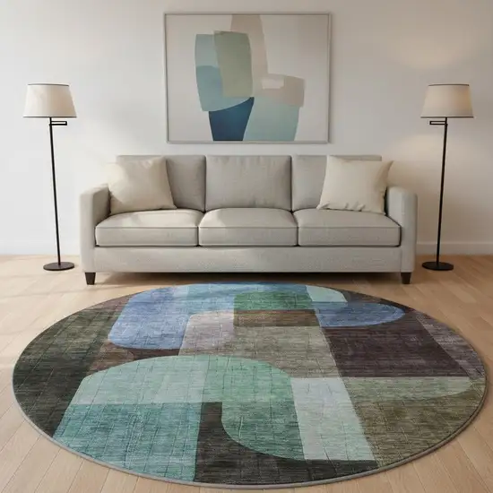 8' Brown Blue And Green Abstract Geometric Washable Round Rug With UV Protection Photo 2