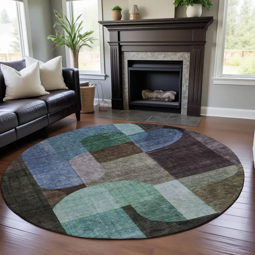 8' Brown Blue And Green Abstract Geometric Washable Round Rug With UV Protection Photo 4