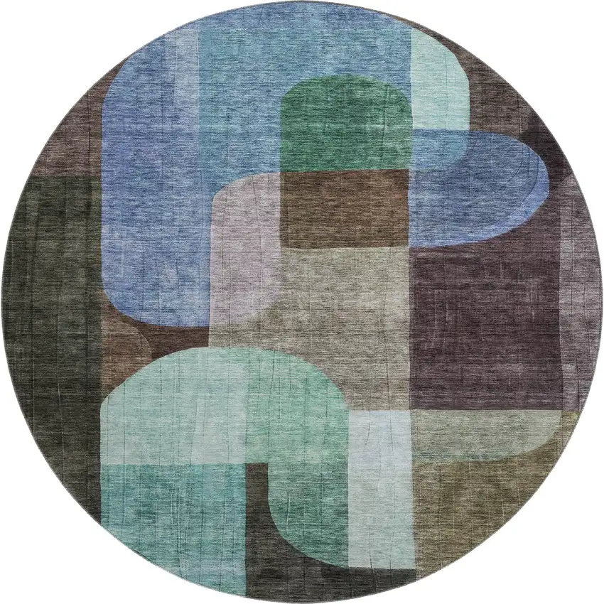 8' Brown Blue And Green Abstract Geometric Washable Round Rug With UV Protection Photo 1