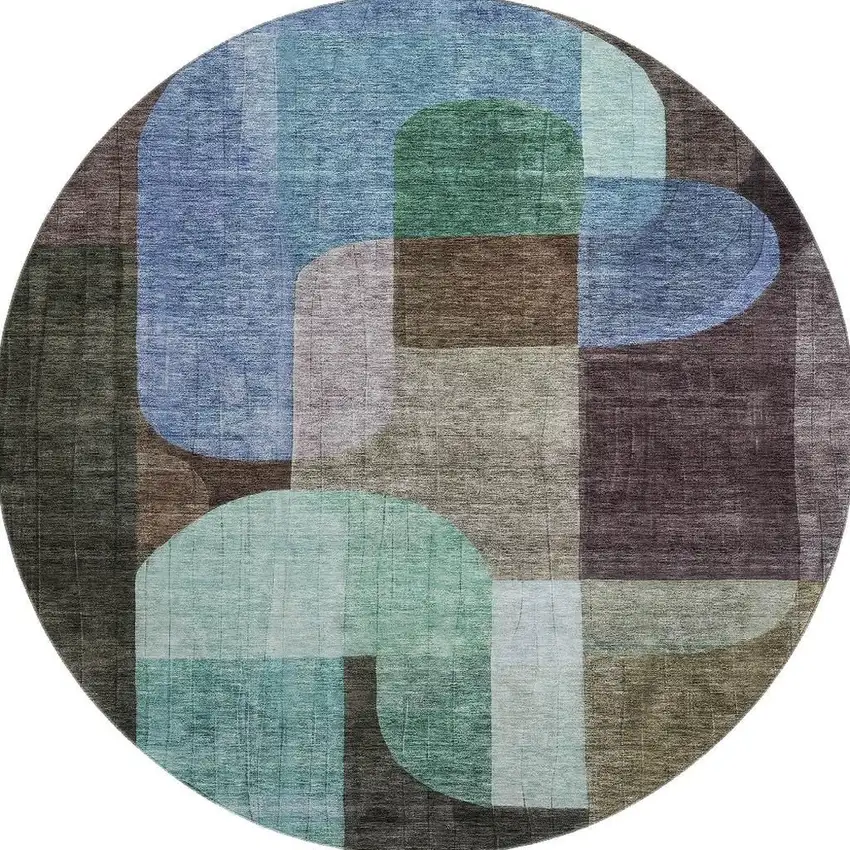 8' Brown Blue And Green Abstract Geometric Washable Round Rug With UV Protection Photo 4