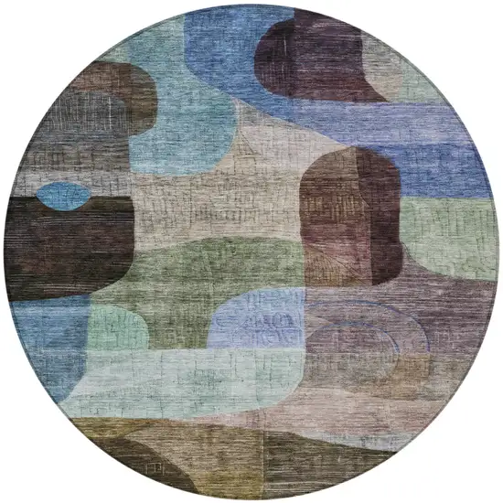8' Brown Blue And Green Round Abstract Washable Indoor Outdoor Area Rug Photo 7