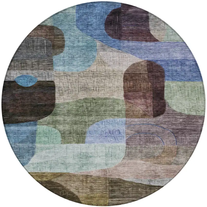 8' Brown Blue And Green Round Abstract Washable Indoor Outdoor Area Rug Photo 7