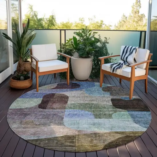 8' Brown Blue And Green Round Abstract Washable Indoor Outdoor Area Rug Photo 8