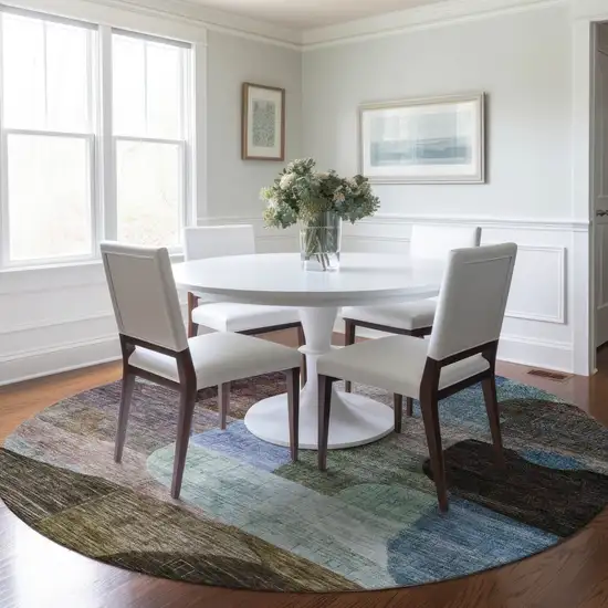 8' Brown Blue And Green Round Abstract Washable Indoor Outdoor Area Rug Photo 9