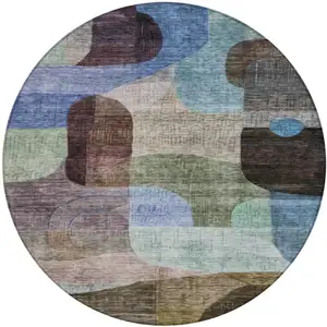 Photo of 8' Brown Blue And Green Round Abstract Washable Indoor Outdoor Area Rug