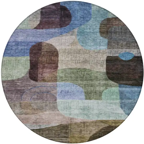 8' Brown Blue And Green Round Abstract Washable Indoor Outdoor Area Rug Photo 2