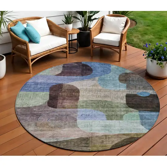 8' Brown Blue And Green Round Abstract Washable Indoor Outdoor Area Rug Photo 1