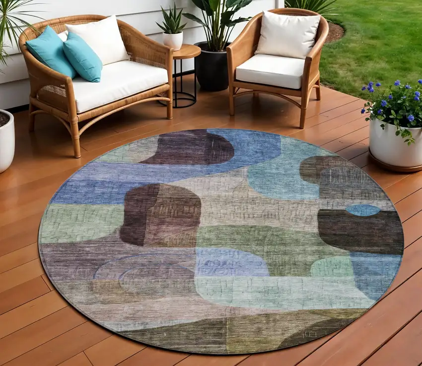 8' Brown Blue And Green Round Abstract Washable Indoor Outdoor Area Rug Photo 1