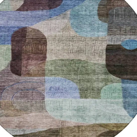 8' Brown Blue And Green Round Abstract Washable Indoor Outdoor Area Rug Photo 5