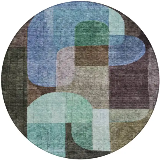 8' Brown Blue And Green Round Abstract Washable Indoor Outdoor Area Rug Photo 2