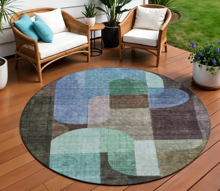 8' Brown Blue And Green Round Abstract Washable Indoor Outdoor Area Rug Photo 1