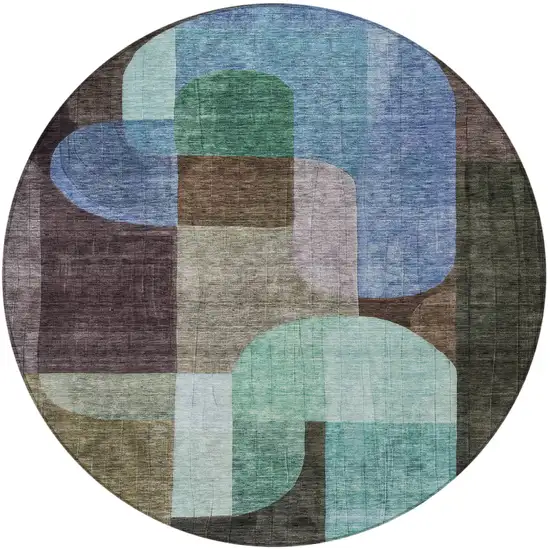 8' Brown Blue And Green Round Abstract Washable Indoor Outdoor Area Rug Photo 5
