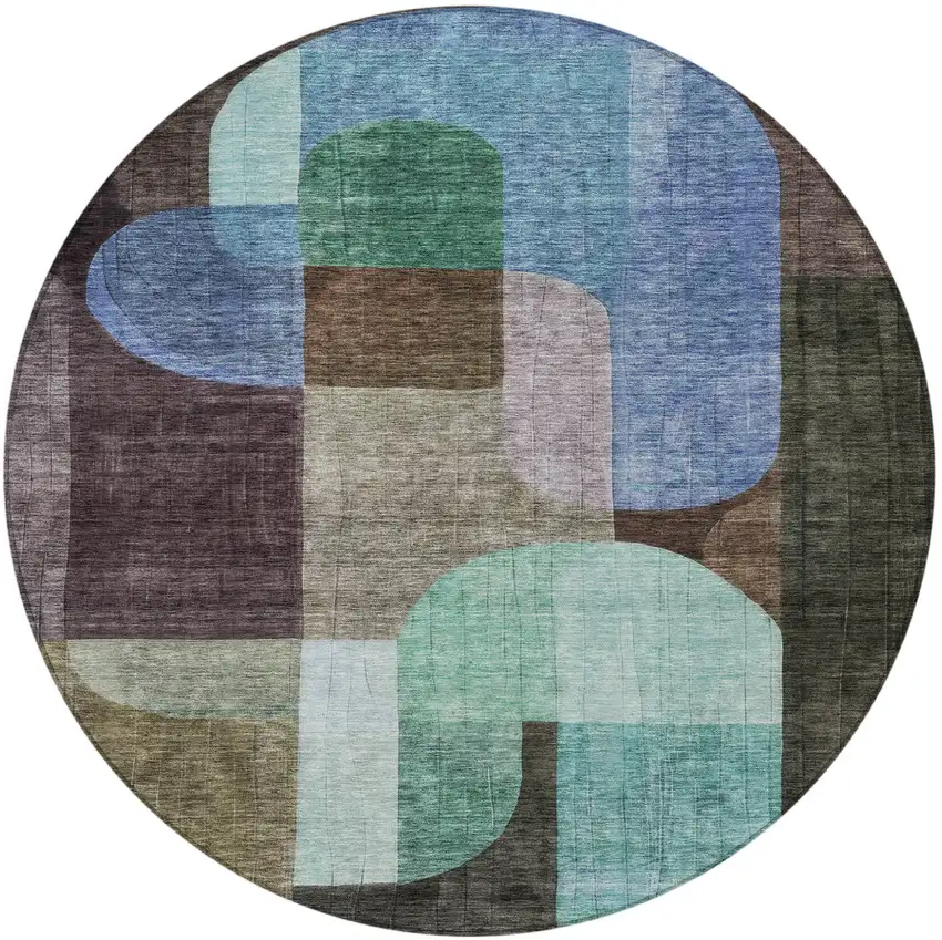 8' Brown Blue And Green Round Abstract Washable Indoor Outdoor Area Rug Photo 5