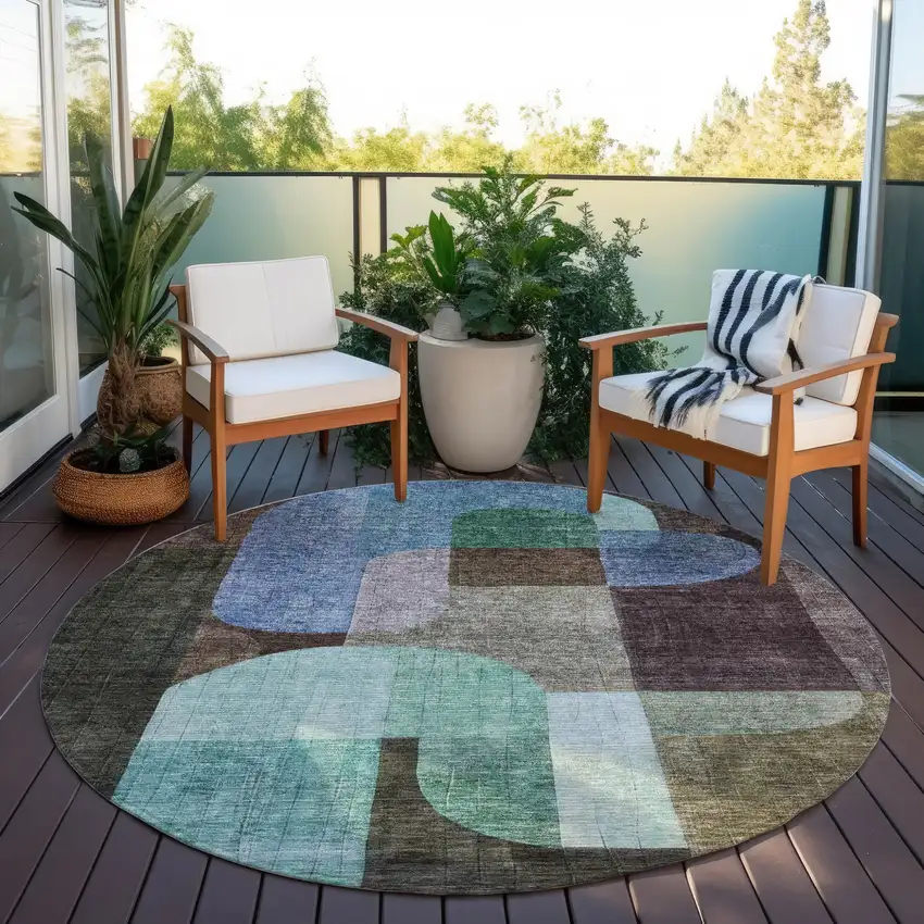 8' Brown Blue And Green Round Abstract Washable Indoor Outdoor Area Rug Photo 6
