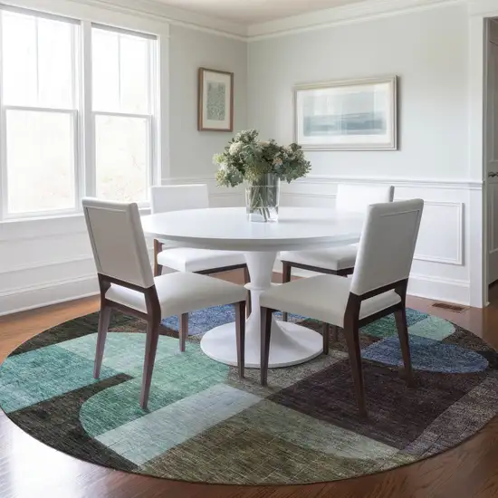 8' Brown Blue And Green Round Abstract Washable Indoor Outdoor Area Rug Photo 7