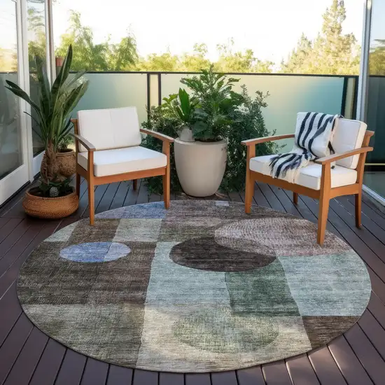 8' Brown Blue And Green Round Geometric Washable Indoor Outdoor Area Rug Photo 8