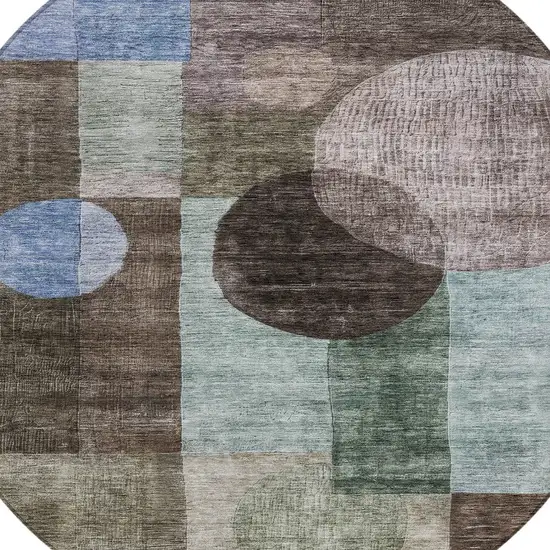 8' Brown Blue And Green Round Geometric Washable Indoor Outdoor Area Rug Photo 6