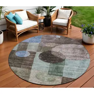 Photo of 8' Brown Blue And Green Round Geometric Washable Indoor Outdoor Area Rug
