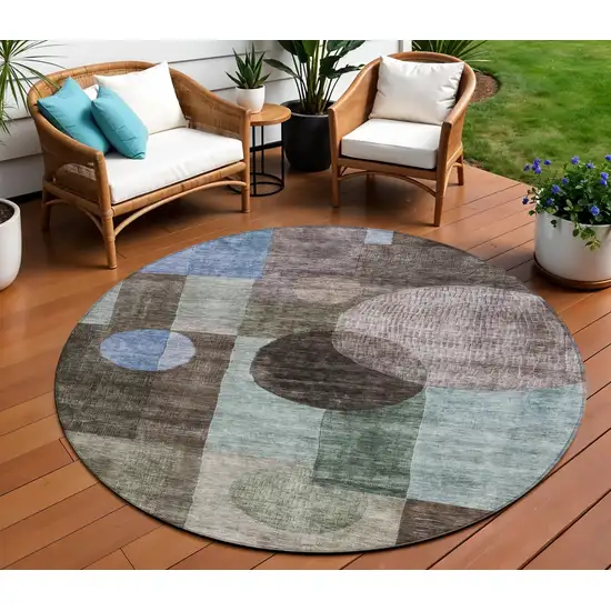8' Brown Blue And Green Round Geometric Washable Indoor Outdoor Area Rug Photo 1