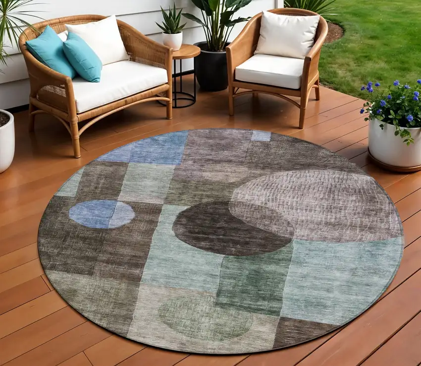 8' Brown Blue And Green Round Geometric Washable Indoor Outdoor Area Rug Photo 1