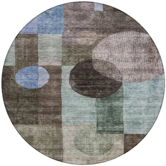 8' Brown Blue And Green Round Geometric Washable Indoor Outdoor Area Rug Photo 7