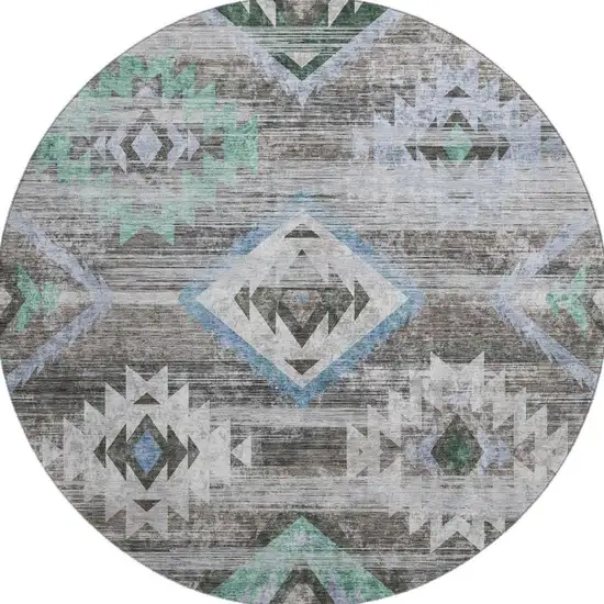 8' Brown Blue And Green Southwestern Washable Round Rug With UV Protection Photo 4