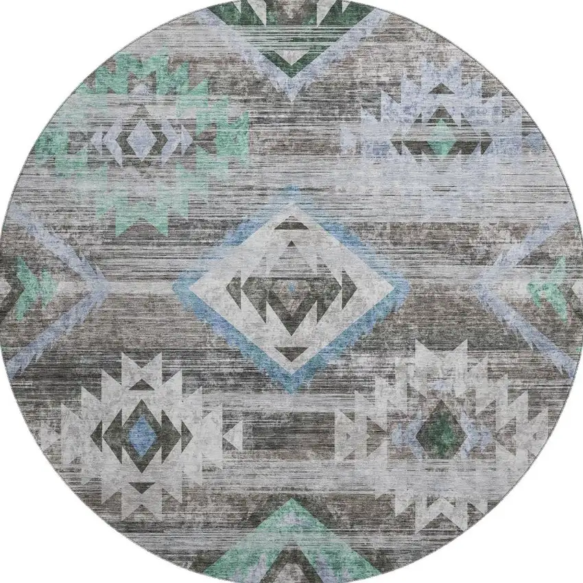 8' Brown Blue And Green Southwestern Washable Round Rug With UV Protection Photo 4