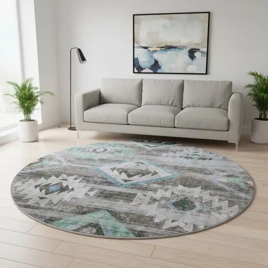 8' Brown Blue And Green Southwestern Washable Round Rug With UV Protection Photo 2