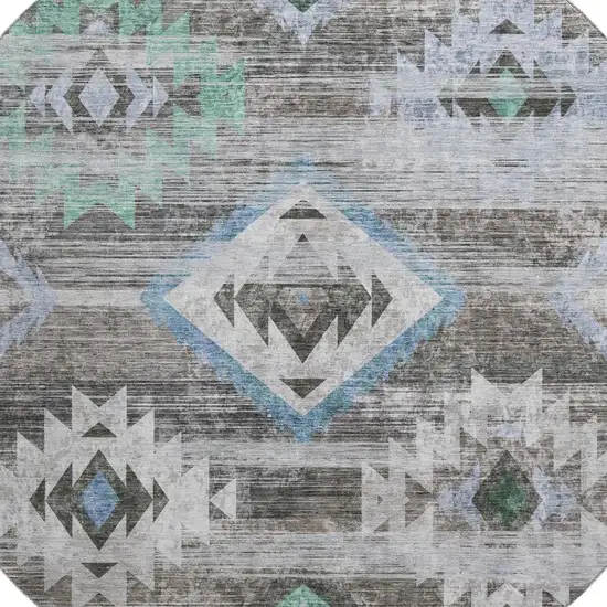 8' Brown Blue And Green Southwestern Washable Round Rug With UV Protection Photo 3
