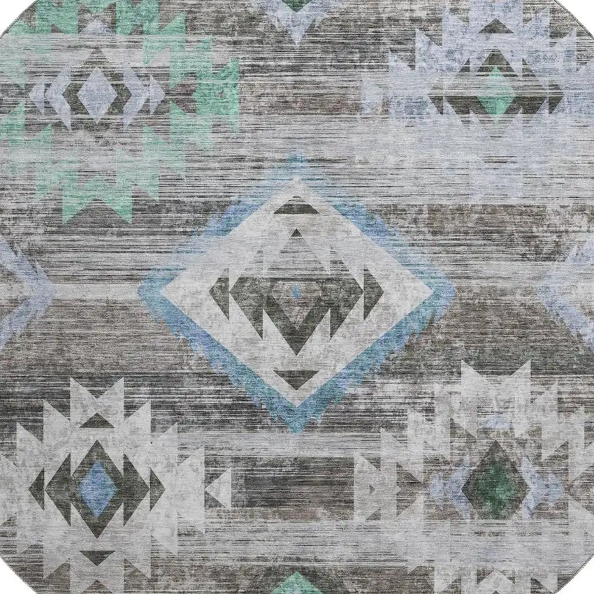 8' Brown Blue And Green Southwestern Washable Round Rug With UV Protection Photo 3