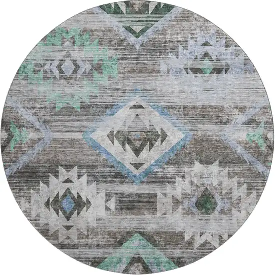 8' Brown Blue And Green Southwestern Washable Round Rug With UV Protection Photo 1