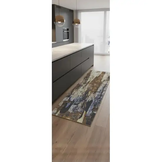 8' Brown Blue And Ivory Abstract Power Loom Distressed Runner Rug Photo 1