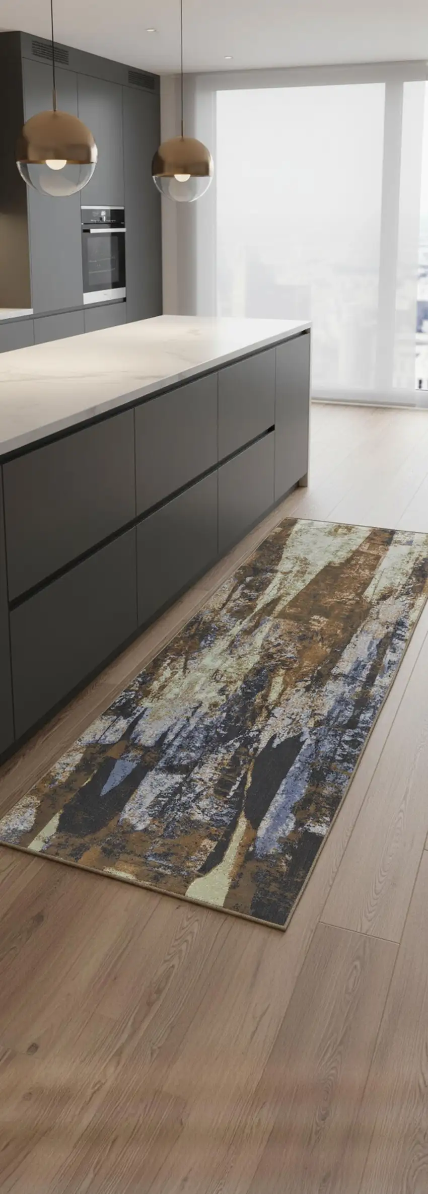 8' Brown Blue And Ivory Abstract Power Loom Distressed Runner Rug Photo 1