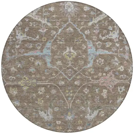 8' Brown Blue And Ivory Round Floral Washable Indoor Outdoor Area Rug Photo 4
