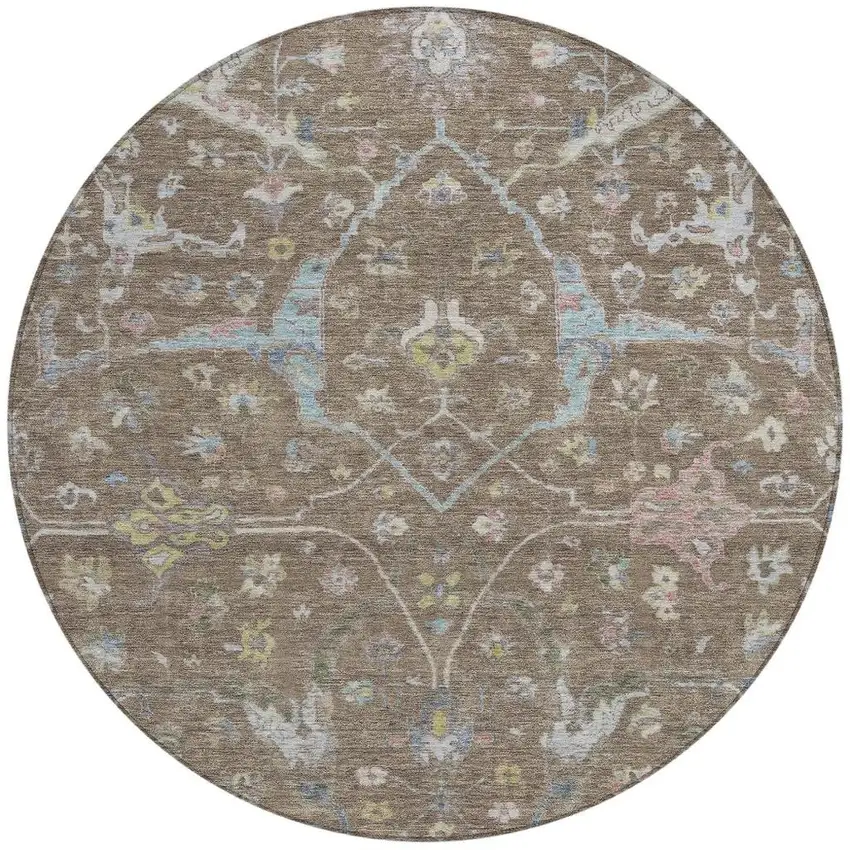 8' Brown Blue And Ivory Round Floral Washable Indoor Outdoor Area Rug Photo 4