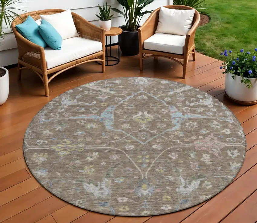 8' Brown Blue And Ivory Round Floral Washable Indoor Outdoor Area Rug Photo 1