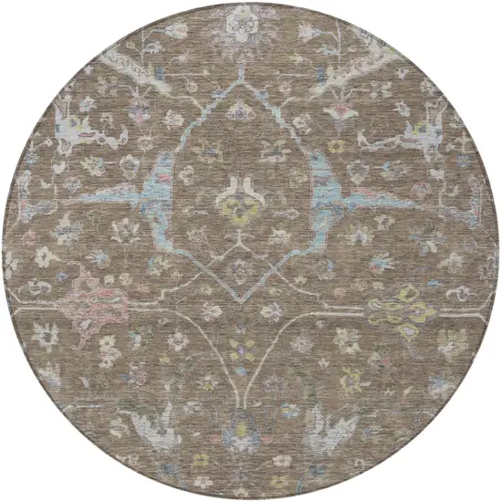 8' Brown Blue And Ivory Round Floral Washable Indoor Outdoor Area Rug Photo 5