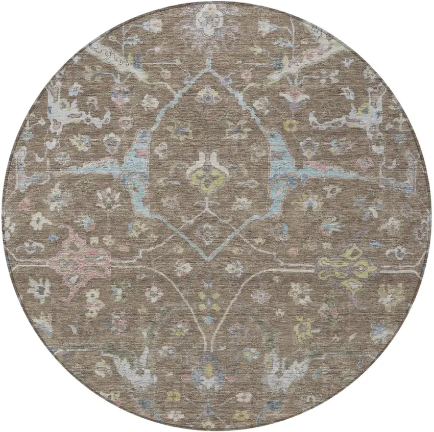 8' Brown Blue And Ivory Round Floral Washable Indoor Outdoor Area Rug Photo 5